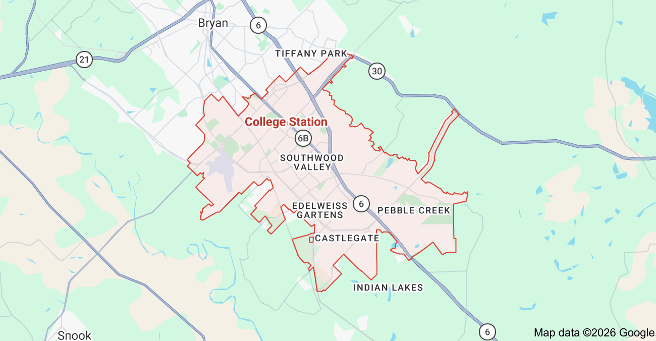 Map of the Bryan–College Station area in the Brazos Valley, Texas, showing the primary mobile notary service area.